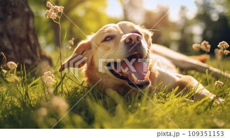Happy dog on green grass with fish eye lens 109351153