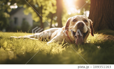 Happy dog on green grass with fish eye lens 109351163