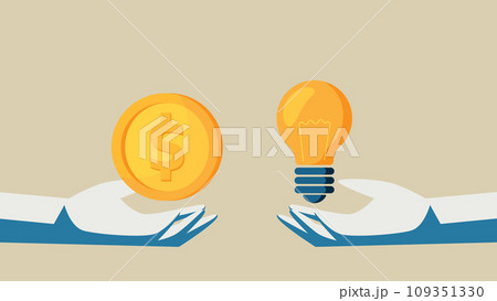 手のひらにドル硬貨。もうひとつの手には電球。アイデアにお金を払うイメージ。 手のひらにドル硬貨。もうひとつの手には電球。アイデアにお金を払うイメージ。 109351330
