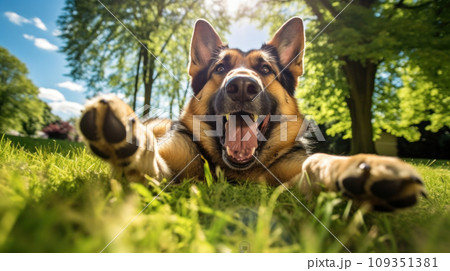 Happy german shepherd dog on green grass with a fish eye lens Happy german shepherd dog on green grass with a fish eye lens 109351381