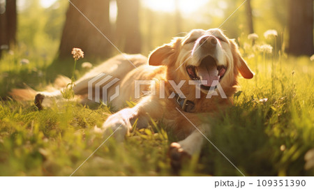 Happy dog on green grass with fish eye lens 109351390