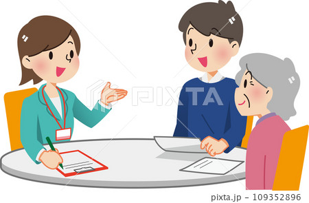 ケアプランを話し合う家族とケアマネージャー 109352896