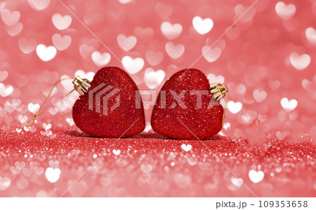 Red glitter heart in front of bokeh pink background. Greeting card for Valentines Day Red glitter heart in front of bokeh pink background. Greeting card for Valentines Day 109353658