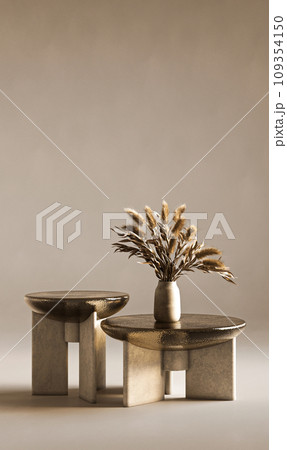 Elegantly simple 3d render composition of textured tables and vase with pampas grass, showcasing the interplay of form and texture in design Elegantly simple 3d render composition of textured tables and vase with pampas grass, showcasing the interplay of form and texture in design 109354150