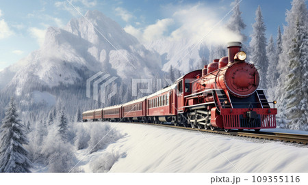 A vintage steam locomotive chugging through spectacular snowy landscape 109355116
