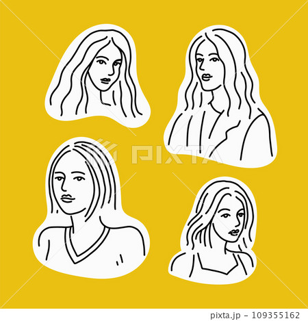 Young women shoulder en face sketch portraits. Black line vector illustration set. 109355162