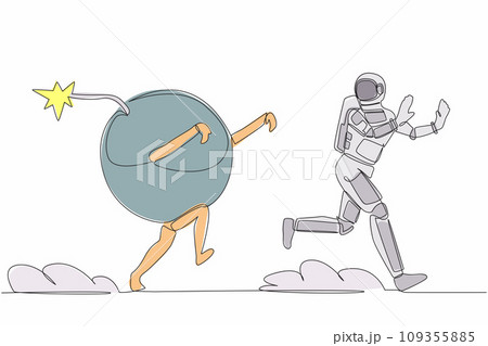 Continuous one line drawing young astronaut being chased by bomb. Afraid with galactic destruction. Future spaceship technology. Cosmonaut outer space. Single line graphic design vector illustration 109355885
