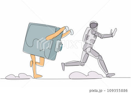 Single continuous line drawing astronaut being chased by safe deposit box in moon surface. Financial secure system, banking protection. Cosmonaut deep space. One line draw design vector illustration 109355886