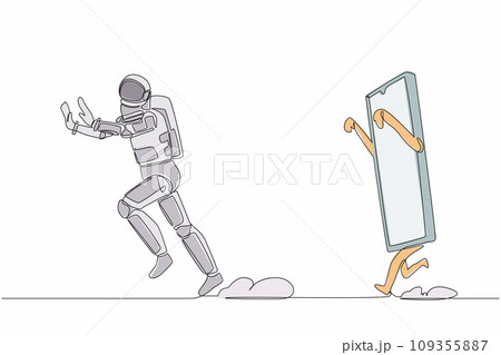 Single one line drawing young astronaut being chased by smartphone. Afraid to talk with spaceman in other universe. Cosmic galaxy space concept. Continuous line draw graphic design vector illustration 109355887