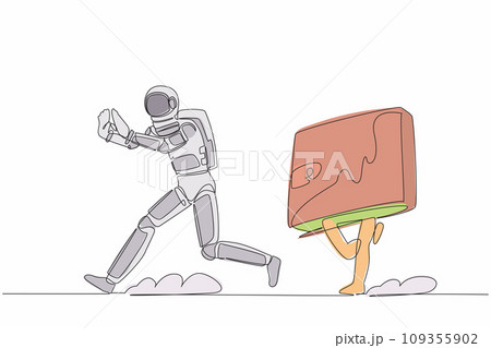 Continuous one line drawing astronaut being chased by wallet. Losing money and business profit in spaceship technology industry. Cosmonaut outer space. Single line graphic design vector illustration 109355902