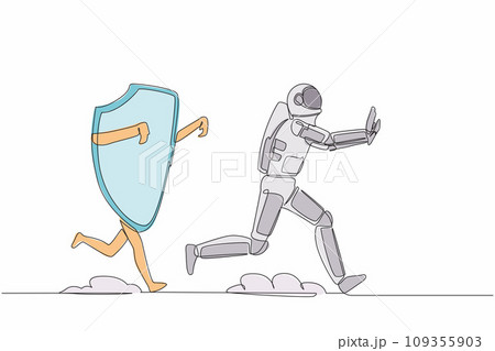 Single one line drawing astronaut being chased by shield. Afraid about budget increasing of healthcare insurance for space company. Cosmic galaxy space. Continuous line draw design vector illustration Single one line drawing astronaut being chased by shield. Afraid about budget increasing of healthcare insurance for space company. Cosmic galaxy space. Continuous line draw design vector illustration 109355903