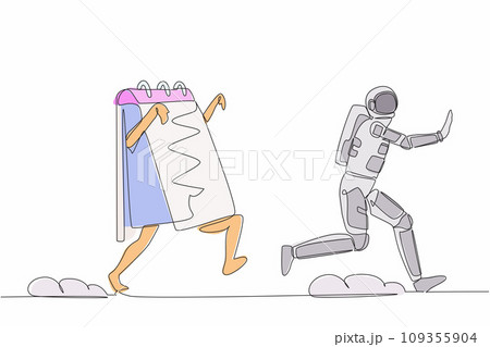 Single continuous line drawing young astronaut being chased by calendar. Afraid with spaceship exploration project schedule deadline. Cosmonaut deep space. One line graphic design vector illustration Single continuous line drawing young astronaut being chased by calendar. Afraid with spaceship exploration project schedule deadline. Cosmonaut deep space. One line graphic design vector illustration 109355904