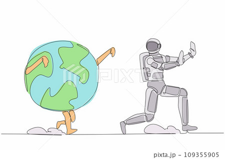 Continuous one line drawing young astronaut being chased by globe. Afraid about climate change and ecological destruction on earth. Cosmonaut outer space. Single line draw design vector illustration Continuous one line drawing young astronaut being chased by globe. Afraid about climate change and ecological destruction on earth. Cosmonaut outer space. Single line draw design vector illustration 109355905