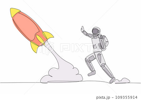 Continuous one line drawing young astronaut run chasing rocket take off in moon surface. Left behind departure back to earth. Cosmonaut outer space concept. Single line draw design vector illustration 109355914
