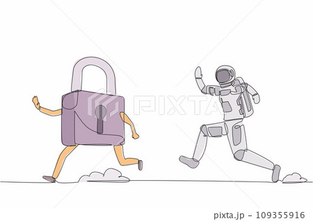 Single continuous line drawing astronaut run chasing padlock in moon surface. Space company security. Spaceship property protection. Cosmonaut deep space. One line design vector graphic illustration 109355916