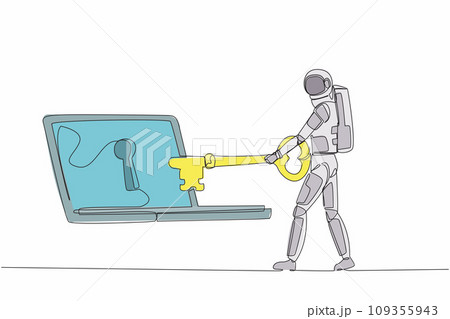 Single one line drawing astronaut putting key into laptop. Protection internet spaceship encryption, access to encrypted data. Cosmic galaxy space. Continuous line graphic design vector illustration Single one line drawing astronaut putting key into laptop. Protection internet spaceship encryption, access to encrypted data. Cosmic galaxy space. Continuous line graphic design vector illustration 109355943