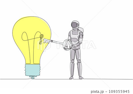 Single one line drawing astronaut put big key into light bulb. Unlock innovation on spaceship business idea. Future technology. Cosmic galaxy space. Continuous line graphic design vector illustration Single one line drawing astronaut put big key into light bulb. Unlock innovation on spaceship business idea. Future technology. Cosmic galaxy space. Continuous line graphic design vector illustration 109355945