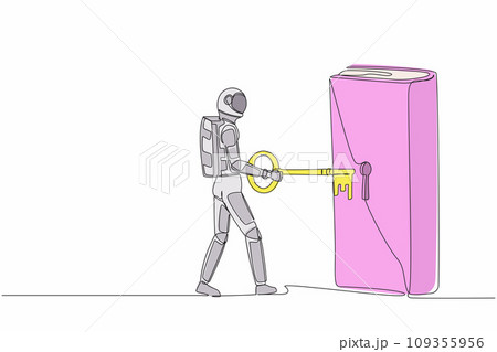 Continuous one line drawing astronaut putting key into book. Unlock textbook and knowledge for space expedition. Key to new information. Cosmonaut outer space. Single line design vector illustration Continuous one line drawing astronaut putting key into book. Unlock textbook and knowledge for space expedition. Key to new information. Cosmonaut outer space. Single line design vector illustration 109355956