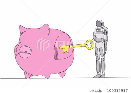Continuous one line drawing young astronaut putting key into piggy bank. Personal saving or money security for spaceship expedition. Cosmonaut outer space. Single line draw design vector illustration Continuous one line drawing young astronaut putting key into piggy bank. Personal saving or money security for spaceship expedition. Cosmonaut outer space. Single line draw design vector illustration 109355957