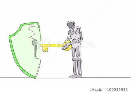Single continuous line drawing of young astronaut put key into shield. Internet security and data protection in spaceship exploration. Cosmonaut deep space. One line design vector graphic illustration 109355958