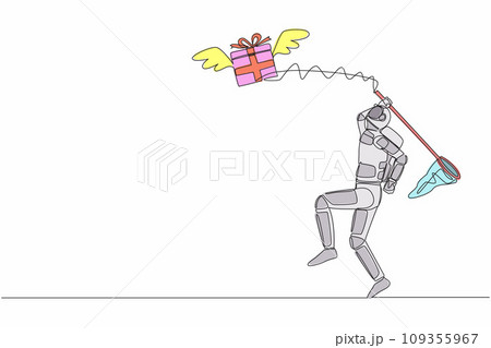 Continuous one line drawing young astronaut try to catching flying gift box with butterfly net. Winged package from other galaxy. Cosmonaut outer space. Single line graphic design vector illustration Continuous one line drawing young astronaut try to catching flying gift box with butterfly net. Winged package from other galaxy. Cosmonaut outer space. Single line graphic design vector illustration 109355967