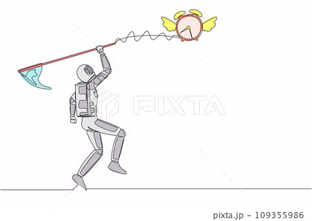 Single one line drawing astronaut try to catching flying alarm clock with butterfly net. Spaceship exploration with deadlines. Cosmic galaxy space. Continuous line graphic design vector illustration Single one line drawing astronaut try to catching flying alarm clock with butterfly net. Spaceship exploration with deadlines. Cosmic galaxy space. Continuous line graphic design vector illustration 109355986