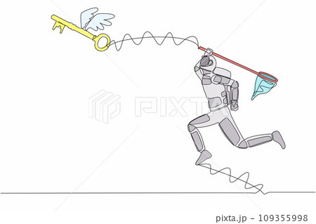 Single continuous line drawing of young astronaut try to catching flying key with butterfly net. Find key to solve spaceship problems. Cosmonaut deep space. One line design vector graphic illustration 109355998