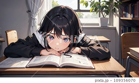受験勉強中の女学生イラスト、正面顔「AI生成画像」 受験勉強中の女学生イラスト、正面顔「AI生成画像」 109356070