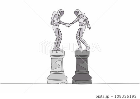 Single one line drawing of young astronaut leader shaking hand on rook chess. Collaboration strategy in spaceship industry. Cosmic galaxy space. Continuous line draw graphic design vector illustration Single one line drawing of young astronaut leader shaking hand on rook chess. Collaboration strategy in spaceship industry. Cosmic galaxy space. Continuous line draw graphic design vector illustration 109356195