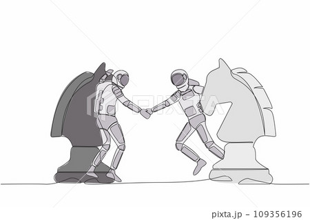 Single continuous line drawing of young astronaut competitors standing on horse chess piece, handshaking after finish agreement. Cosmonaut deep space. One line draw graphic design vector illustration Single continuous line drawing of young astronaut competitors standing on horse chess piece, handshaking after finish agreement. Cosmonaut deep space. One line draw graphic design vector illustration 109356196