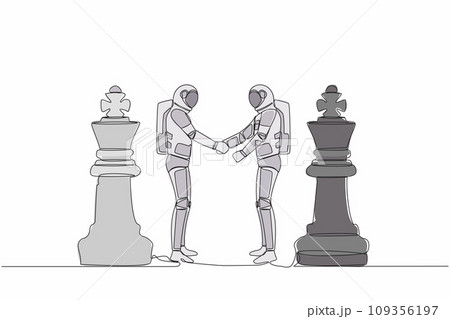 Continuous one line drawing of two astronaut shaking hands together while standing between of king chess pieces. Agreement or partnership. Cosmonaut outer space. Single line design vector illustration Continuous one line drawing of two astronaut shaking hands together while standing between of king chess pieces. Agreement or partnership. Cosmonaut outer space. Single line design vector illustration 109356197