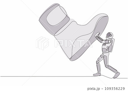 Single one line drawing young astronaut against giant shoes stomping. Spaceman push against giant foot step. Science development. Cosmic galaxy space. Continuous line draw design vector illustration Single one line drawing young astronaut against giant shoes stomping. Spaceman push against giant foot step. Science development. Cosmic galaxy space. Continuous line draw design vector illustration 109356229