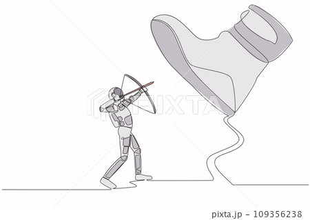 Single one line drawing young astronaut aiming bow against giant shoes stomping. Spaceman archery against giant foot step. Cosmic galaxy space concept. Continuous line draw design vector illustration 109356238