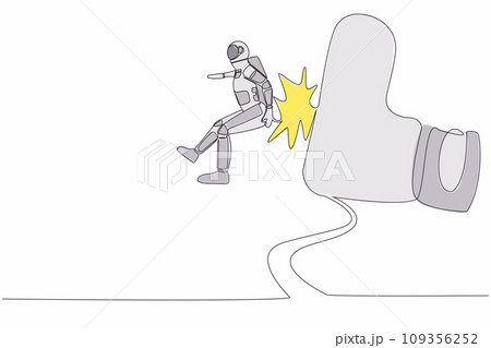 Continuous one line drawing young astronaut getting fired, flying through air after being kicked in the back in moon surface. Cosmonaut outer space. Single line draw graphic design vector illustration 109356252