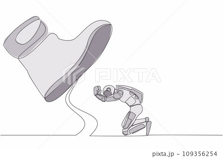 Single continuous line drawing young astronaut kneel down under giant feet. Concept for science authority, exploitation, dictator figure. Cosmonaut deep space. One line draw design vector illustration 109356254