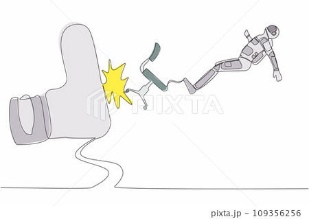 Continuous one line drawing young astronaut kicked out by big foot from chair in moon surface. Staff reduction in spaceship company. Cosmonaut outer space. Single line draw design vector illustration Continuous one line drawing young astronaut kicked out by big foot from chair in moon surface. Staff reduction in spaceship company. Cosmonaut outer space. Single line draw design vector illustration 109356256