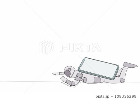 Single continuous line drawing young astronaut under heavy smartphone burden. Stressed due to overworked in spaceship industry. Cosmonaut deep space. One line draw design vector graphic illustration 109356299