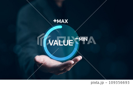 Value added or business growth concept. Businessman holding and showing virtual icon progress for increase value added to business product and service. Increase company sales, Digital marketing, 109356693