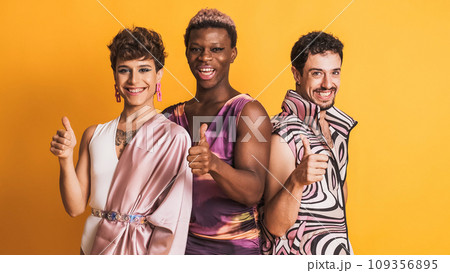 Three trans men gesturing to be fine with the thumb up on yellow Three trans men gesturing to be fine with the thumb up on yellow 109356895