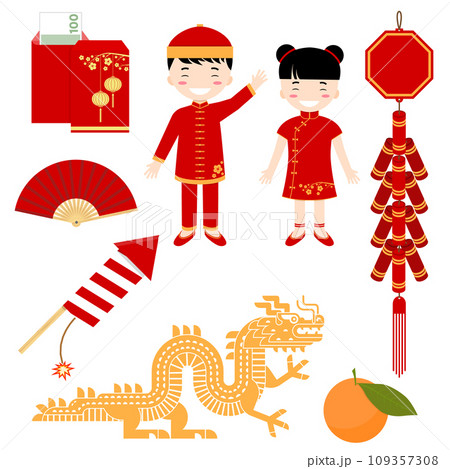 Set of Chinese New Year flat icons. Set include girl, boy, lantern, dragon, firecracker and other elements. Vector illustration Set of Chinese New Year flat icons. Set include girl, boy, lantern, dragon, firecracker and other elements. Vector illustration 109357308