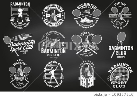 Set of badminton sport badge, patch, emblem, logo on chalkboard. Vector illustration. Vintage badminton label with racket, player and shuttlecock silhouettes. Concept for shirt or logo, print, stamp Set of badminton sport badge, patch, emblem, logo on chalkboard. Vector illustration. Vintage badminton label with racket, player and shuttlecock silhouettes. Concept for shirt or logo, print, stamp 109357316