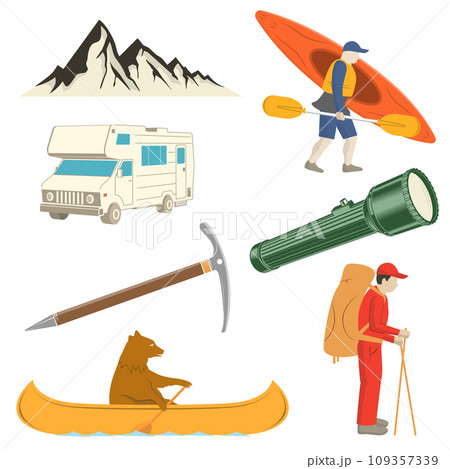 Set of camping equipment collection. Vector illustration. Set include: backpack, kayaker, canoe, camper, mountain, bear in canoe, campfire, camping flashlight and climbing ice-axe. Set of camping equipment collection. Vector illustration. Set include: backpack, kayaker, canoe, camper, mountain, bear in canoe, campfire, camping flashlight and climbing ice-axe. 109357339
