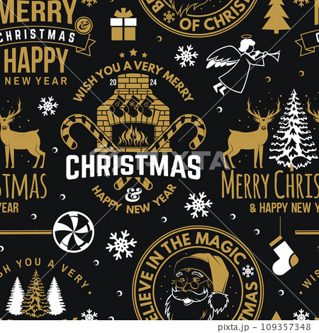 Merry Christmas and Happy New Year seamless pattern with snowflakes, hanging christmas ball, Santa Claus, fireplace, candy. Vector illustration. Christmas background with new year emblem in retro Merry Christmas and Happy New Year seamless pattern with snowflakes, hanging christmas ball, Santa Claus, fireplace, candy. Vector illustration. Christmas background with new year emblem in retro 109357348