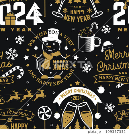 Merry Christmas and Happy New Year seamless pattern with snowflakes, hanging christmas ball, Santa Claus, snowman, candy. Vector illustration. Christmas background with new year emblem in retro style. 109357352