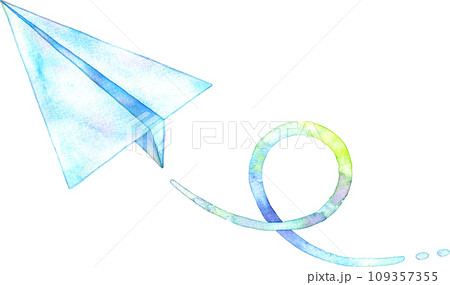 円を描いて飛ぶ紙飛行機の水彩イラスト 109357355