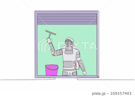 Single one line drawing young astronaut cleaning windows with bucket, glass cleaner tools in moon surface. Cosmic galaxy space concept. Modern continuous line draw design graphic vector illustration Single one line drawing young astronaut cleaning windows with bucket, glass cleaner tools in moon surface. Cosmic galaxy space concept. Modern continuous line draw design graphic vector illustration 109357403