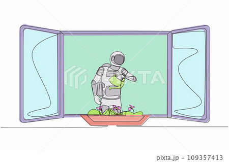 Single continuous line drawing young astronaut watering flowers on the balcony in moon surface. Home green garden, house plants growing. Cosmonaut deep space. One line draw design vector illustration 109357413