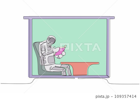 Continuous one line drawing astronaut sitting in chair and reading book in moon surface. Sitting in armchair near window in living room. Cosmonaut outer space. Single line design vector illustration 109357414