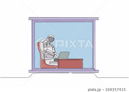 Single one line drawing young astronaut sitting and working at desk and using laptop near window in moon surface. Cosmic galaxy space concept. Modern continuous line design graphic vector illustration Single one line drawing young astronaut sitting and working at desk and using laptop near window in moon surface. Cosmic galaxy space concept. Modern continuous line design graphic vector illustration 109357415