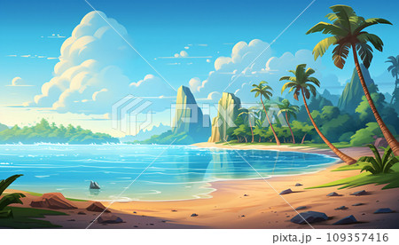 Tropical beach, turquoise sea water, ocean wave, yellow sand, green palms, sun blue sky, white clouds, beautiful seascape, AI Generated. Tropical beach, turquoise sea water, ocean wave, yellow sand, green palms, sun blue sky, white clouds, beautiful seascape, AI Generated. 109357416